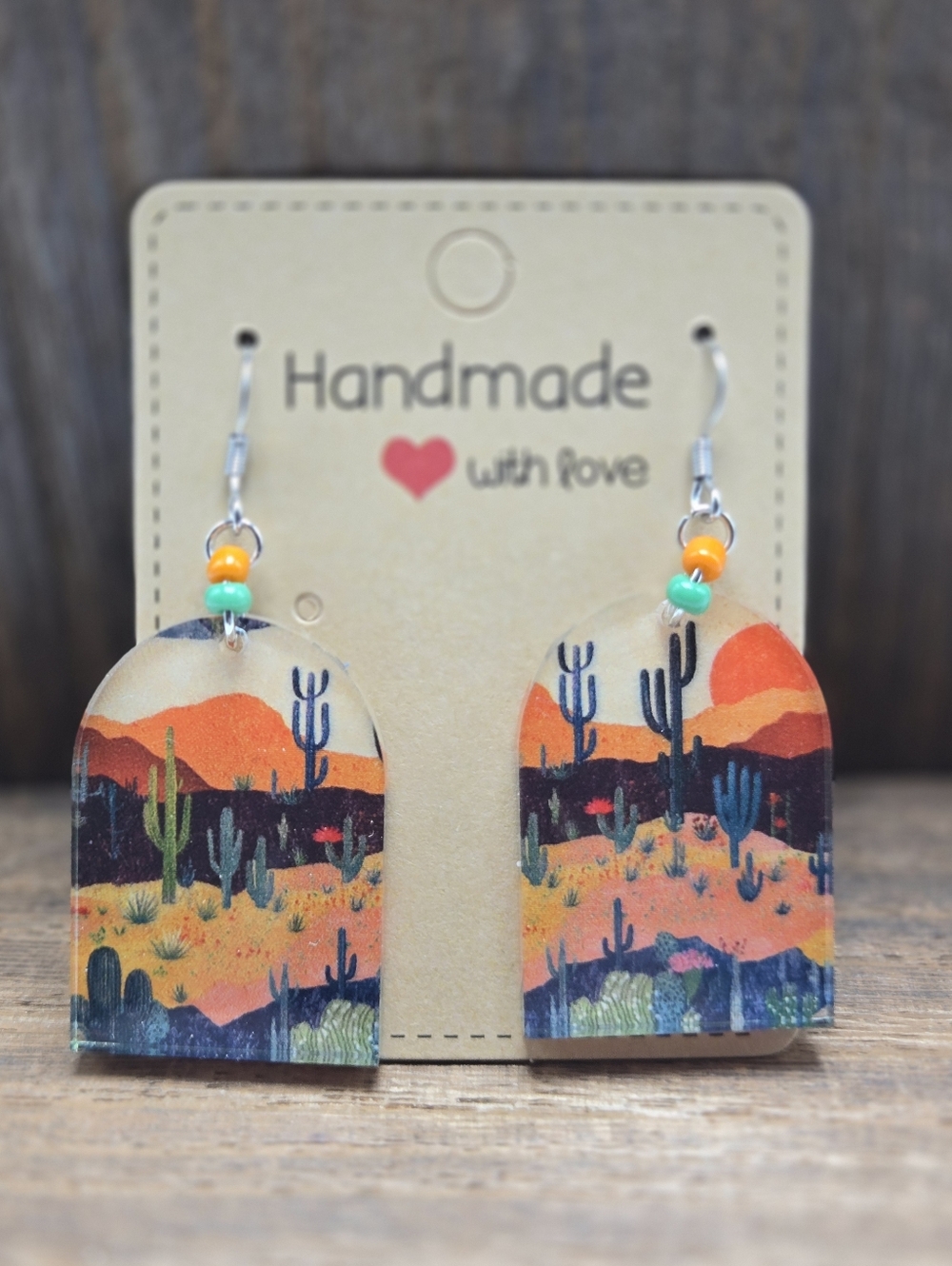 NWT Cactus Desert Earrings Pierced Southwest Acrylic Glass Beads Figural Dangle